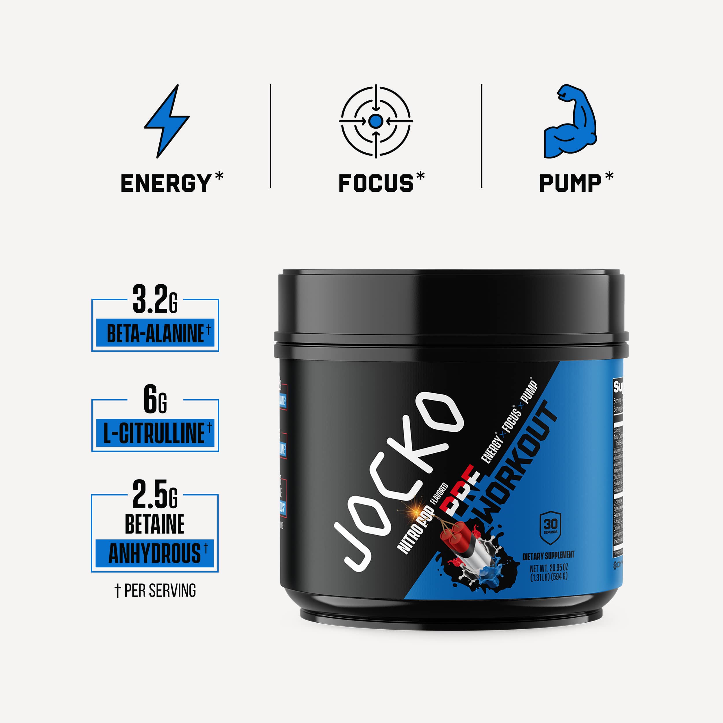 JOCKO Pre Workout Powder - Energy & Endurance Booster for Gym, Running & Fitness | Natural Performance Enhancer for Men & Women