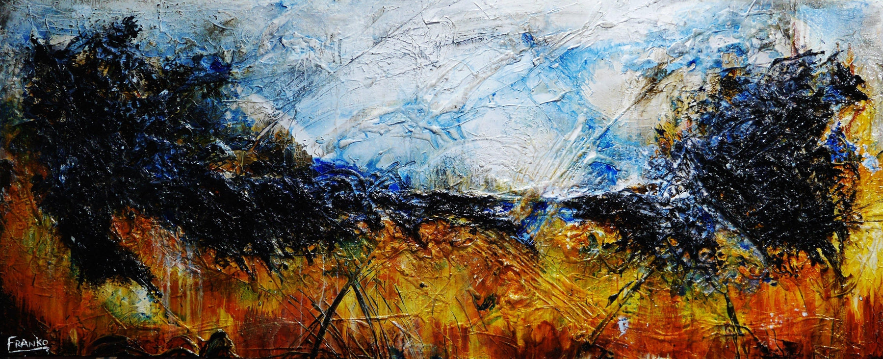 Blue Sienna 240cm x 100cm Abstract Textured Painting - Modern Black & Blue Wall Art for Living Room, Bedroom & Office Decor