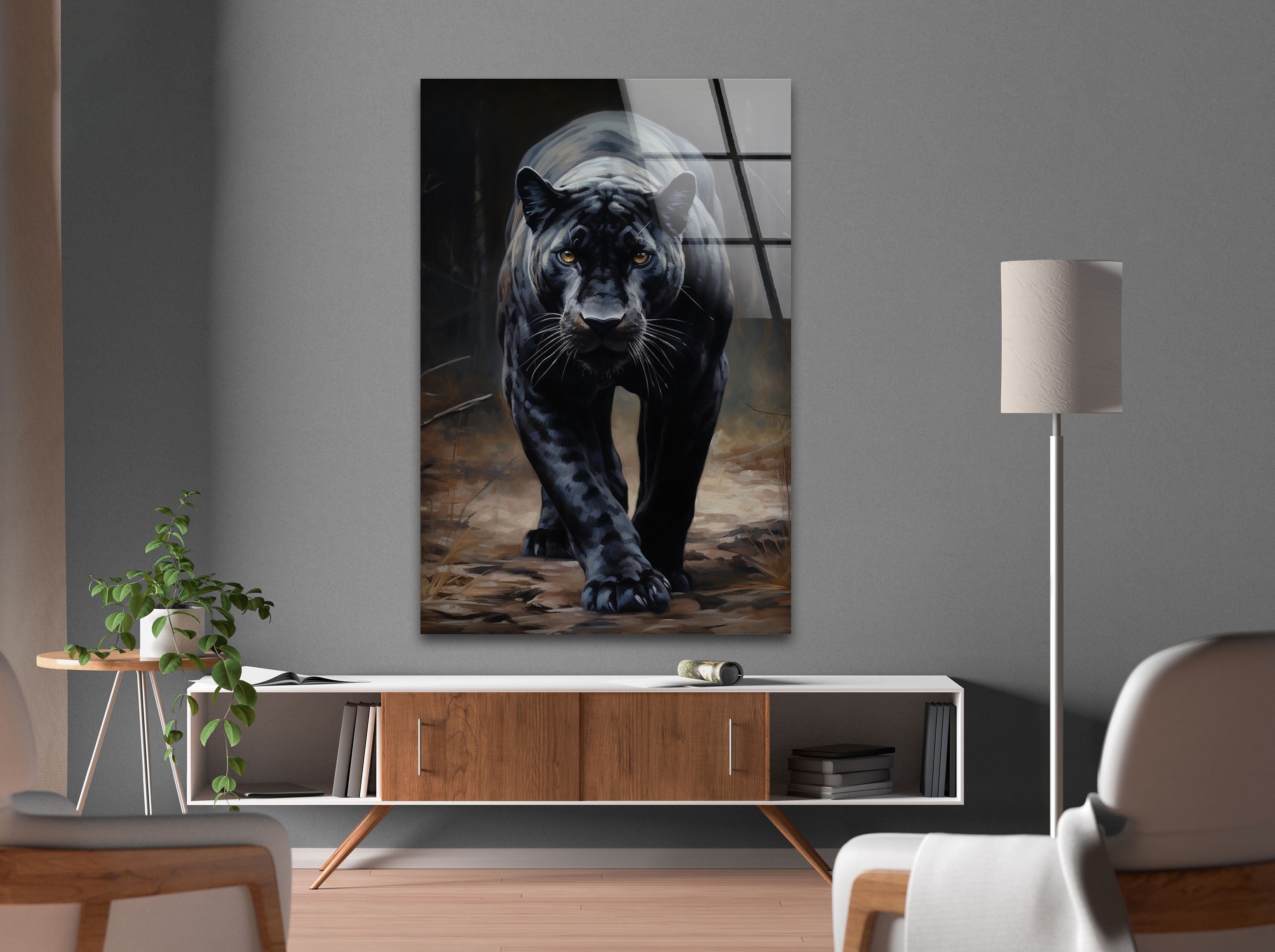 Stylish Black Puma Glass Wall Art Decor - Modern Animal Themed Home & Office Decoration - Perfect for Living Room, Bedroom, or Office Spaces