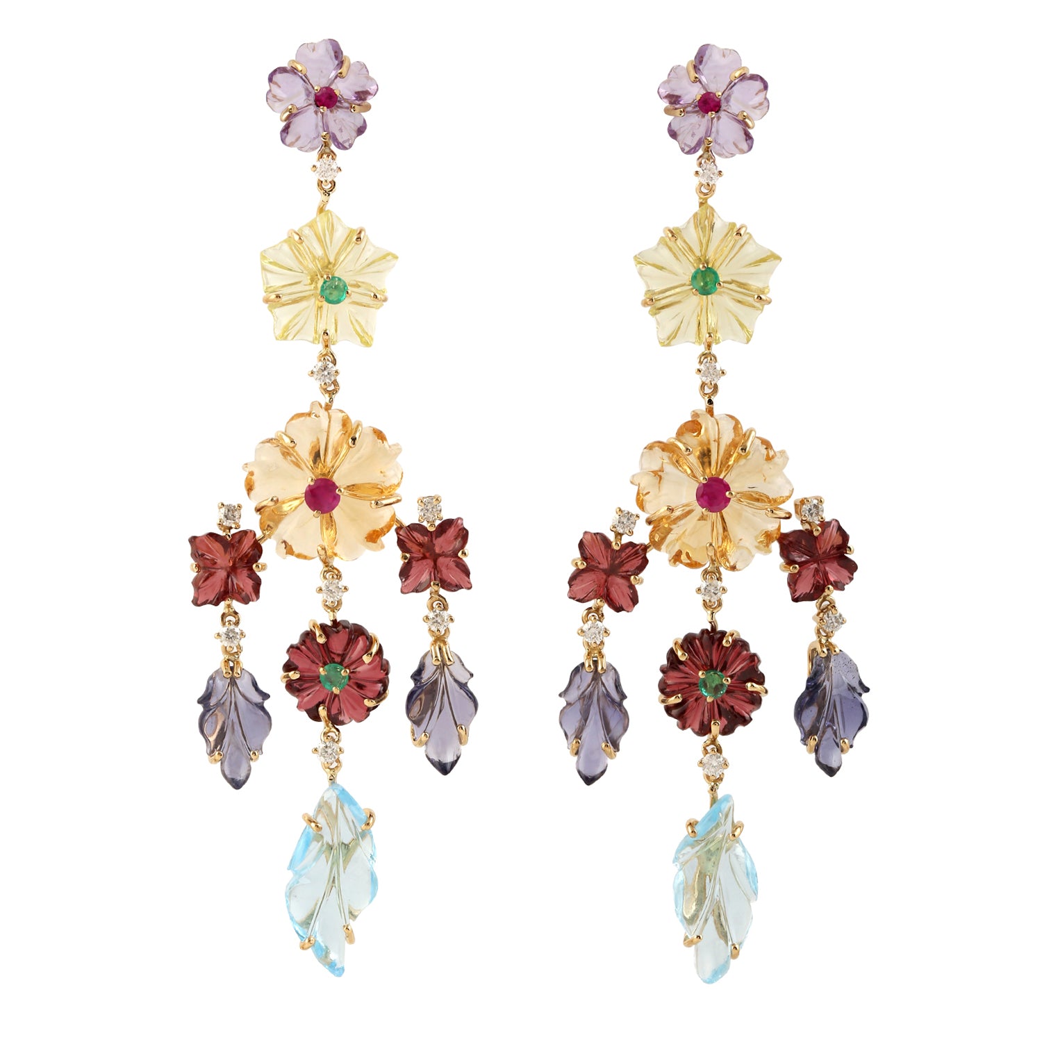 18K Yellow Gold Handmade Carved Mixed Gemstone Chandelier Earrings for Women - Elegant Dangling Jewelry for Parties, Weddings & Special Occasions