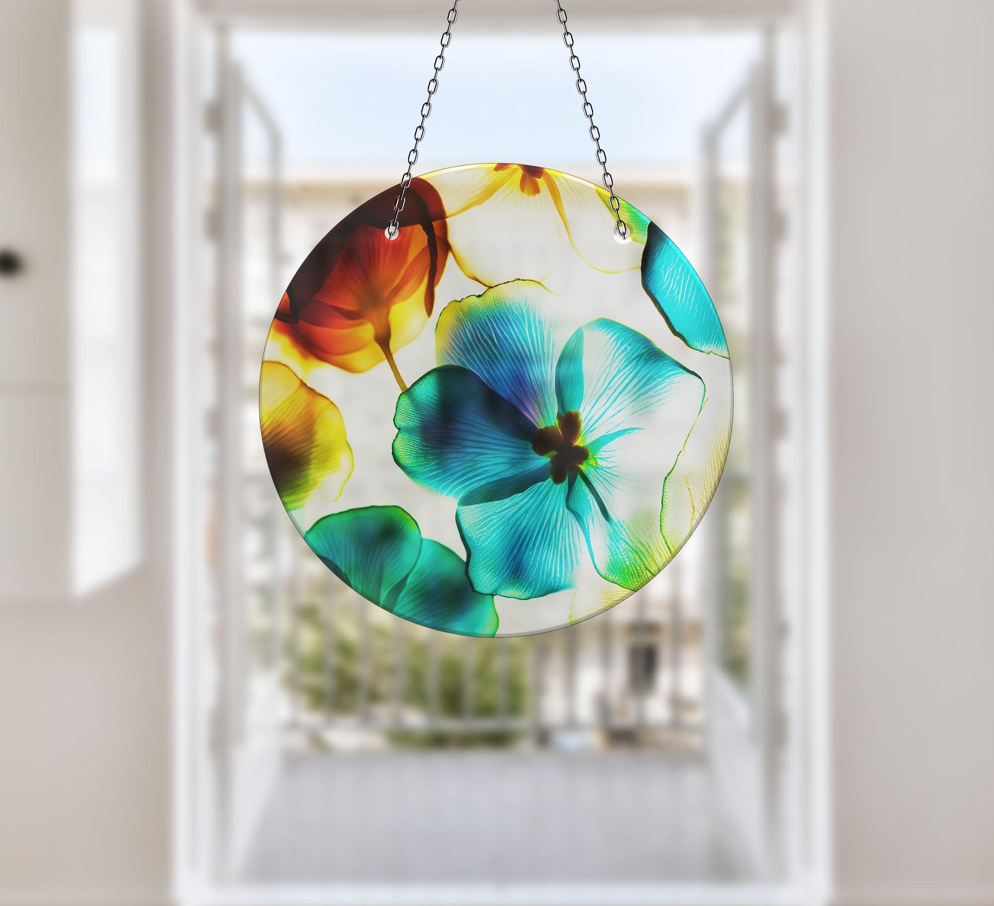 Vibrant Blue & Orange Flower Suncatcher - Handmade Stained Glass Window Decor for Home, Office & Garden - Perfect for Living Room, Bedroom & Outdoor Spaces