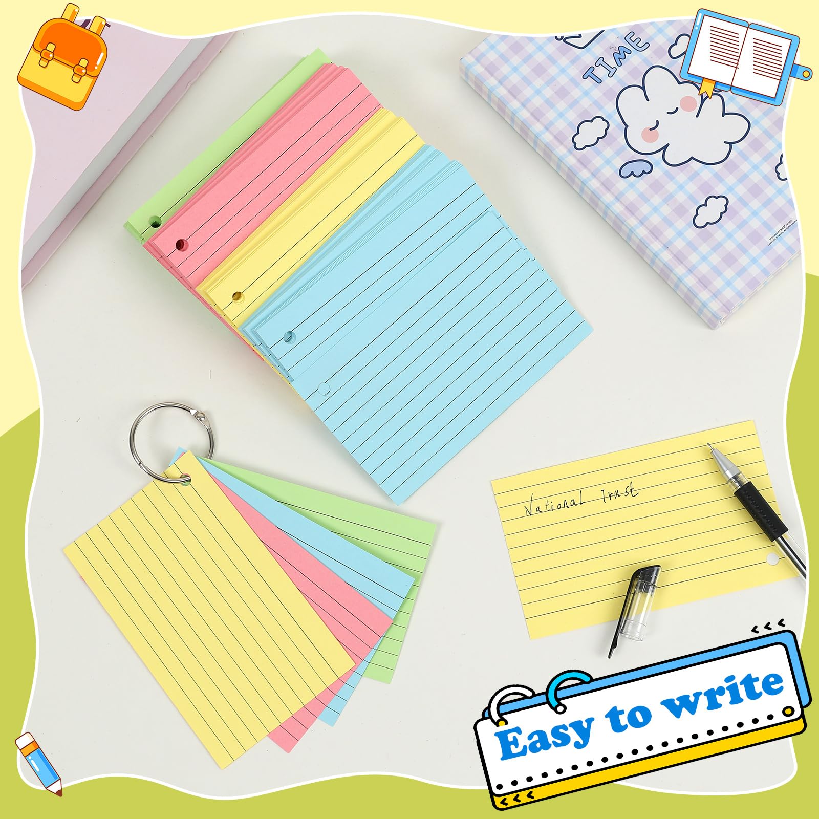 4x6 Inch Colored Index Cards with Ring - 200 Count Lined Flashcards for Studying, School Supplies & Note Taking | Perfect for Students, Teachers & Office Organization