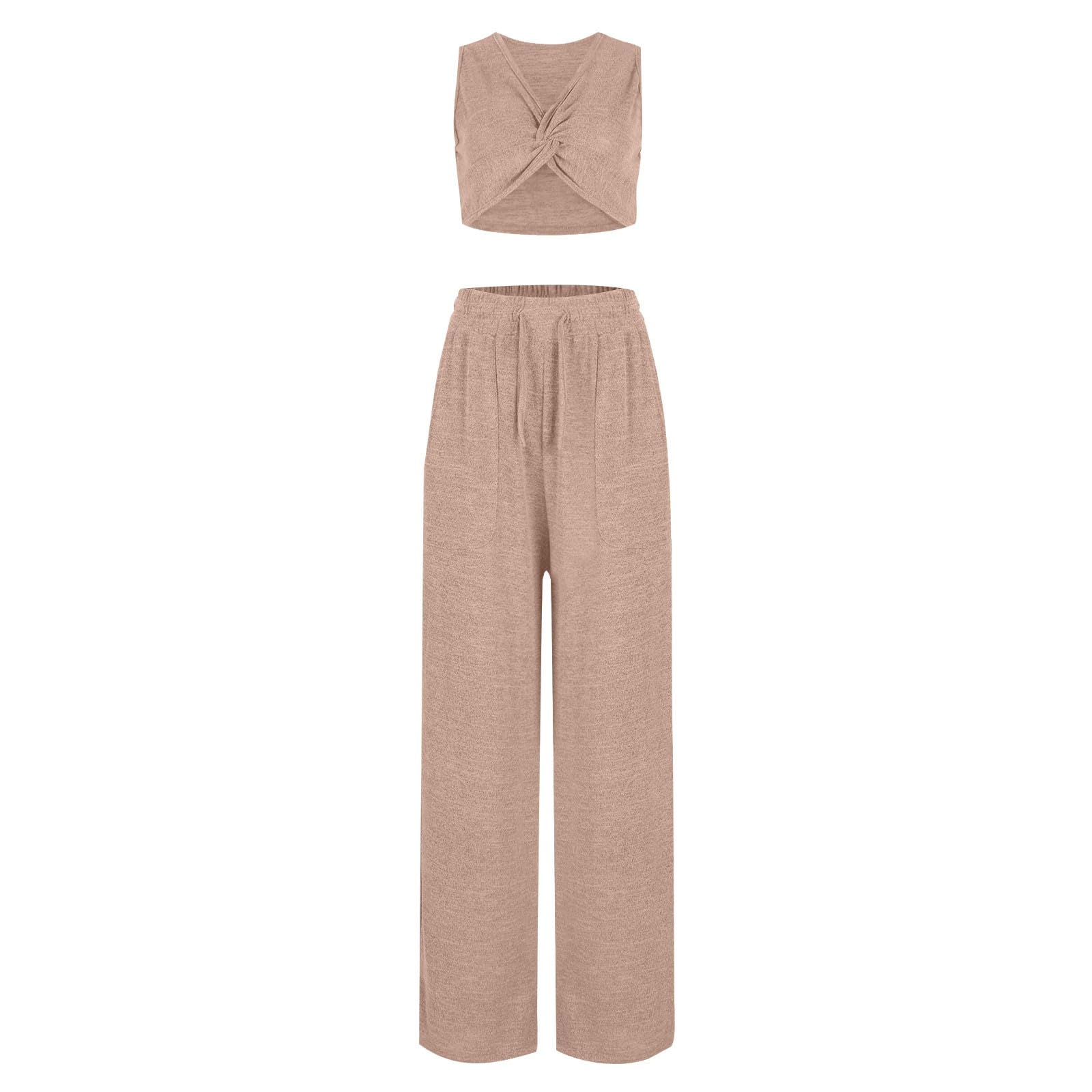 Women's 2-Piece Summer Outfits - Soft Linen Lounge Matching Set with Crop Top & Pants | Casual Comfort Wear for Home, Beach & Vacation | 2024 Fashion Trend