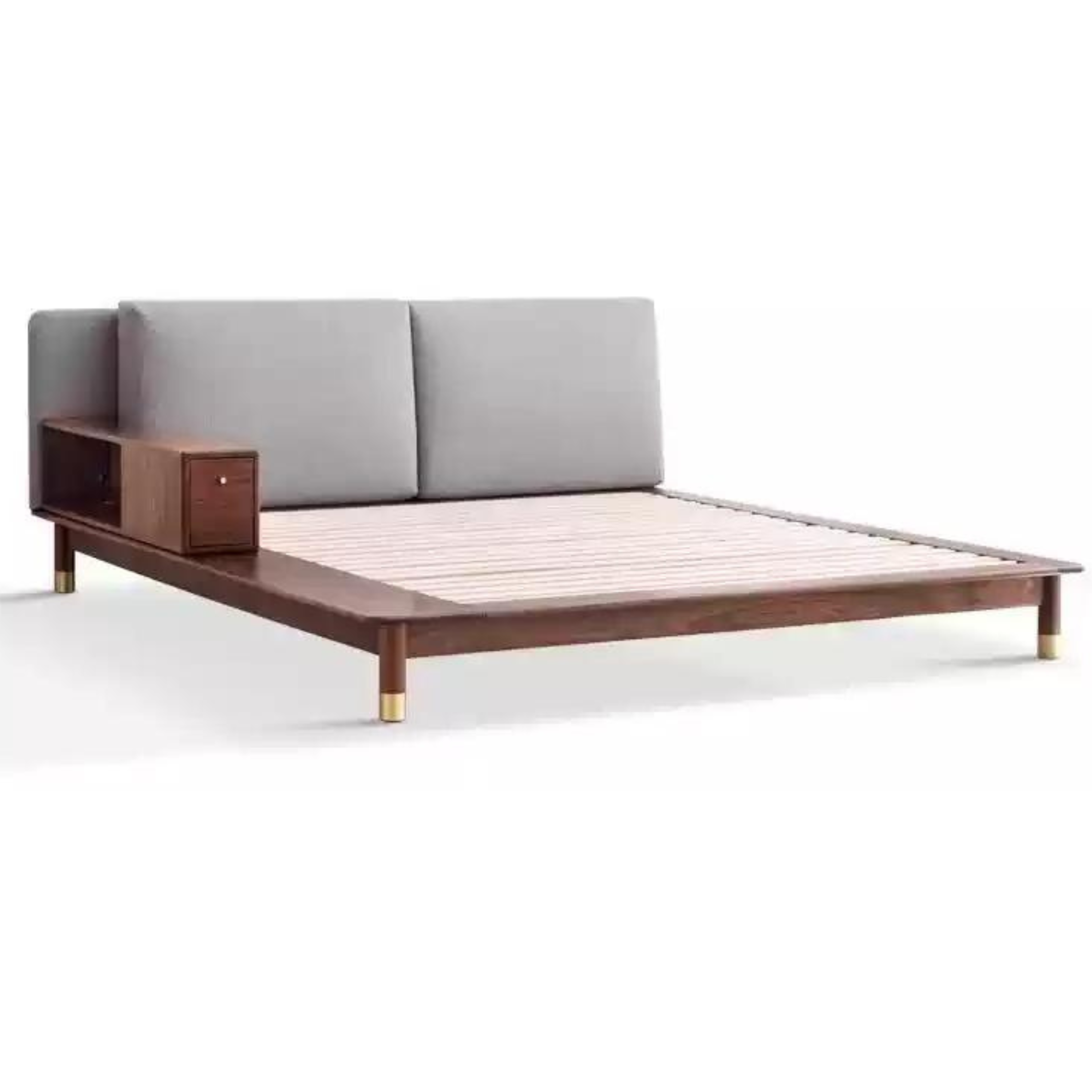 Rich Dark Walnut color Linen gray bed with cabinet