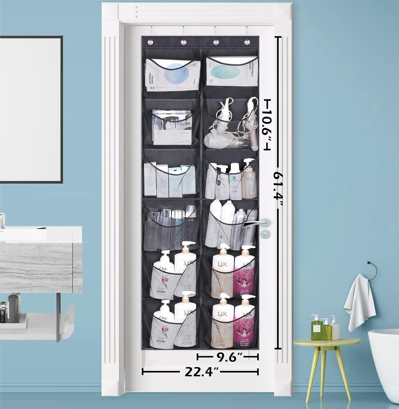 KIMBORA Over The Door Shoe Organizer - 12 Extra Large Mesh Pockets Hanging Boot Rack for Men's Shoes Size 16, Black - Perfect for Closet Storage & Space Saving in Bedrooms, Dorms, and Entryways