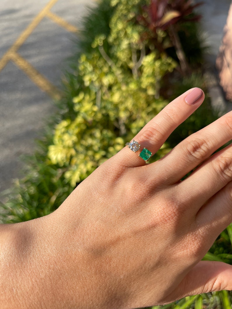 2.72 TCW 14K Gold Square Emerald & Yellow Diamond Asscher Cut Semi-Transparent Cuff Ring for Women | Elegant Wedding, Engagement, Anniversary Gift | Handmade Jewelry for Special Occasions