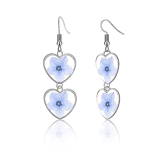 Pressed Flower Earrings - Handmade Forget-Me-Not Floral Dangle Earrings for Women, Personalized Dried Flower Jewelry, Unique Gift for Her - Alaska State Flower Inspired (Perfect for Weddings, Anniversaries & Boho Fashion)