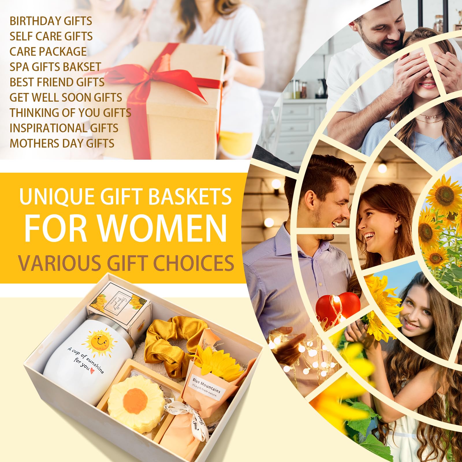 Sunflower Self-Care Gift Basket for Women - Relaxing Spa Package with Unique Birthday, Get Well, Valentine's & Mother's Day Presents for Her, Sister, Mom & Best Friends - Perfect for Home Relaxation, Stress Relief & Thoughtful Surprises