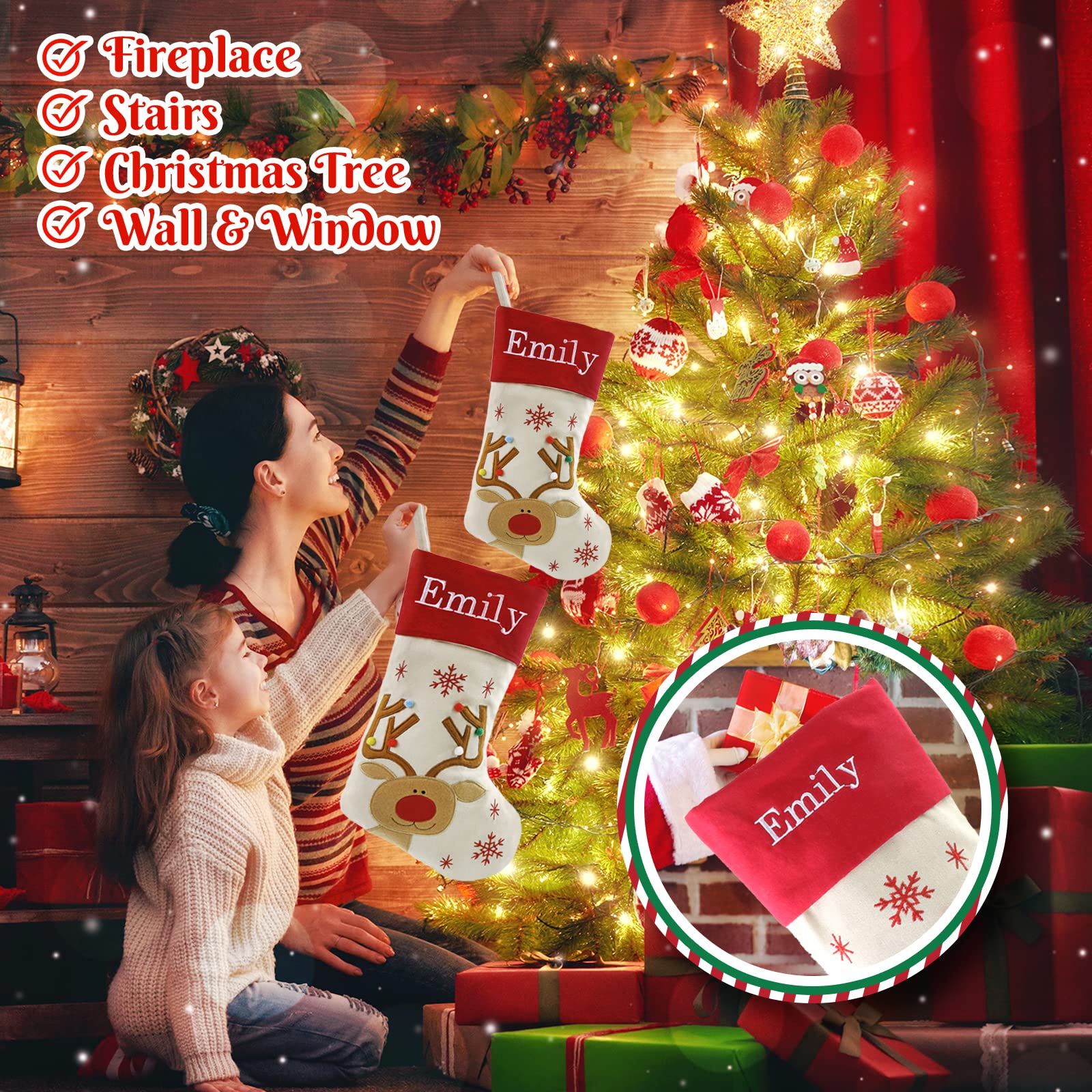 WEWILL Express 18'' Personalized Christmas Stockings with Elk Embroidery - Custom Holiday Gifts for Family & Kids | Perfect for Fireplace Decor, Christmas Tree Hanging & Festive Home Decoration