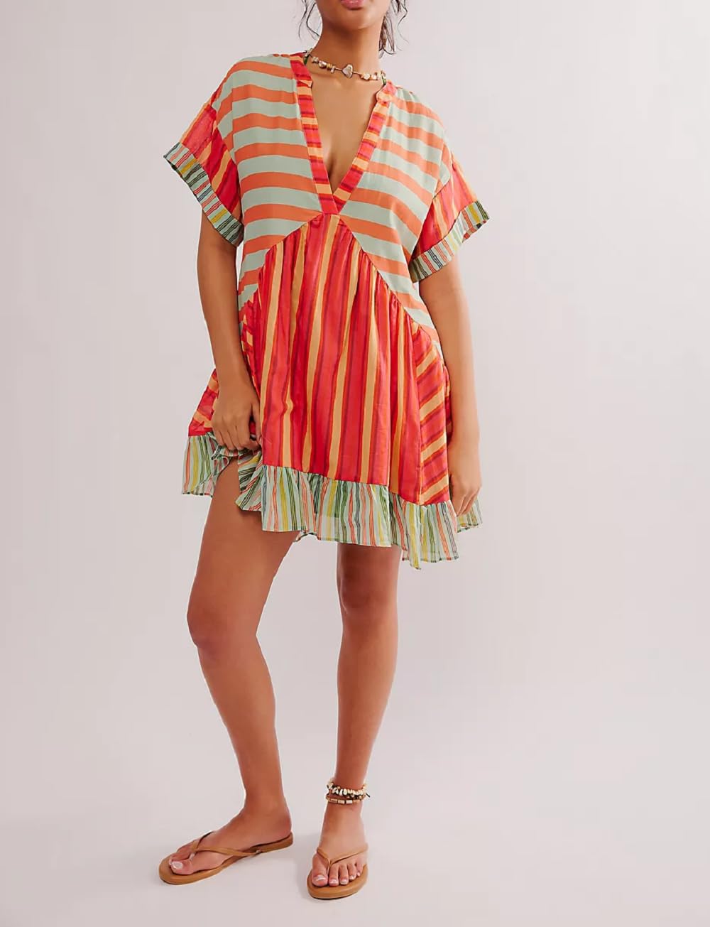Bohemian Floral Mini Dress for Women - Boho Puff Sleeve Flowy Sundress with V Neck & Ruffle Detail | Perfect for Summer Beach Vacations, Music Festivals and Casual Outings