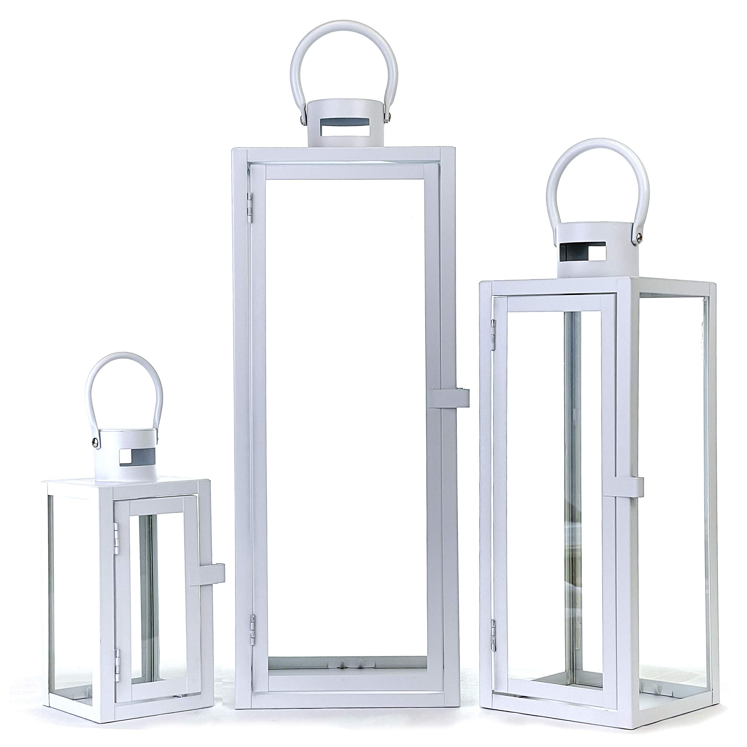 Allgala 3-Piece Jumbo Lantern Set - 23 Inch Modern Indoor/Outdoor Candle Lanterns with White Painted Iron Frame & Tempered Glass - Perfect for Garden, Poolside, Fireplace Decor, and Wedding Centerpieces