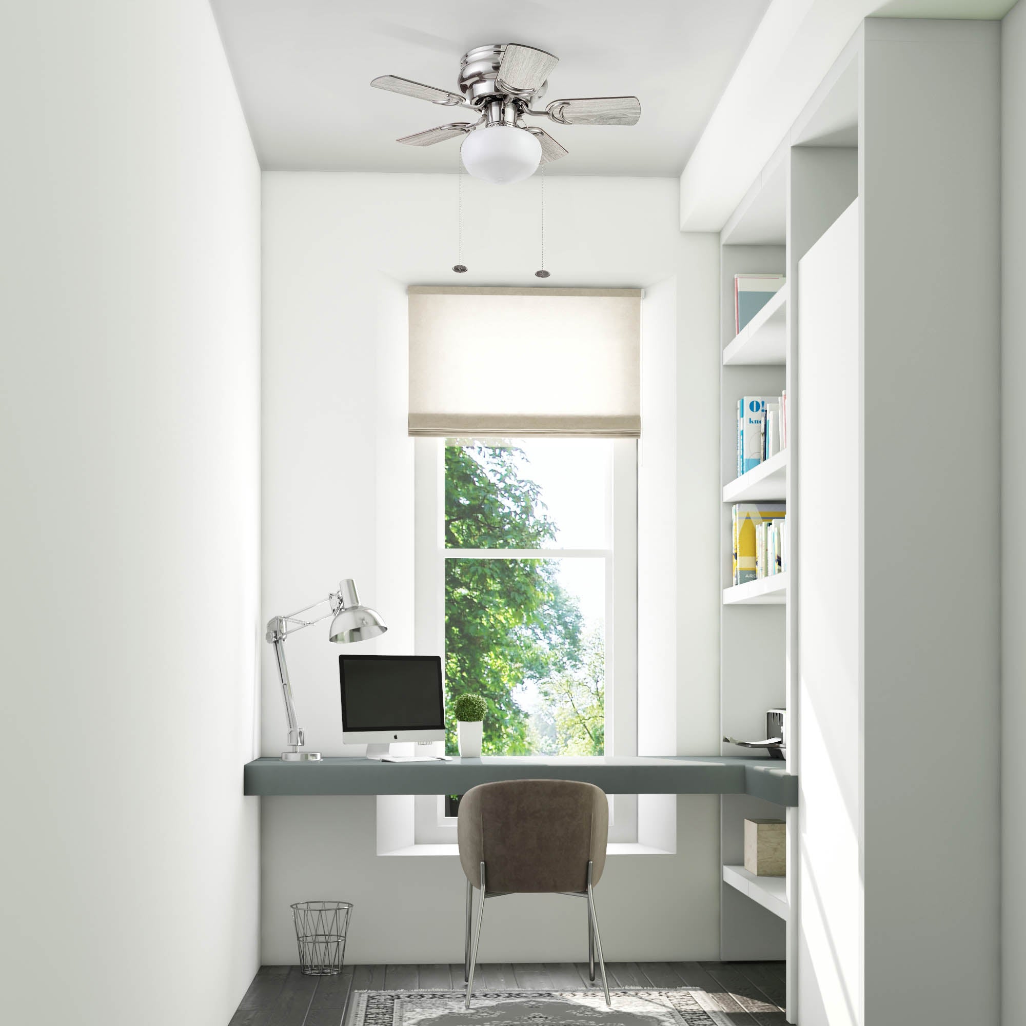 28 Inch Brushed Nickel Ceiling Fan with Pull Chain - Modern Indoor Cooling Fan for Living Room, Bedroom, and Office
