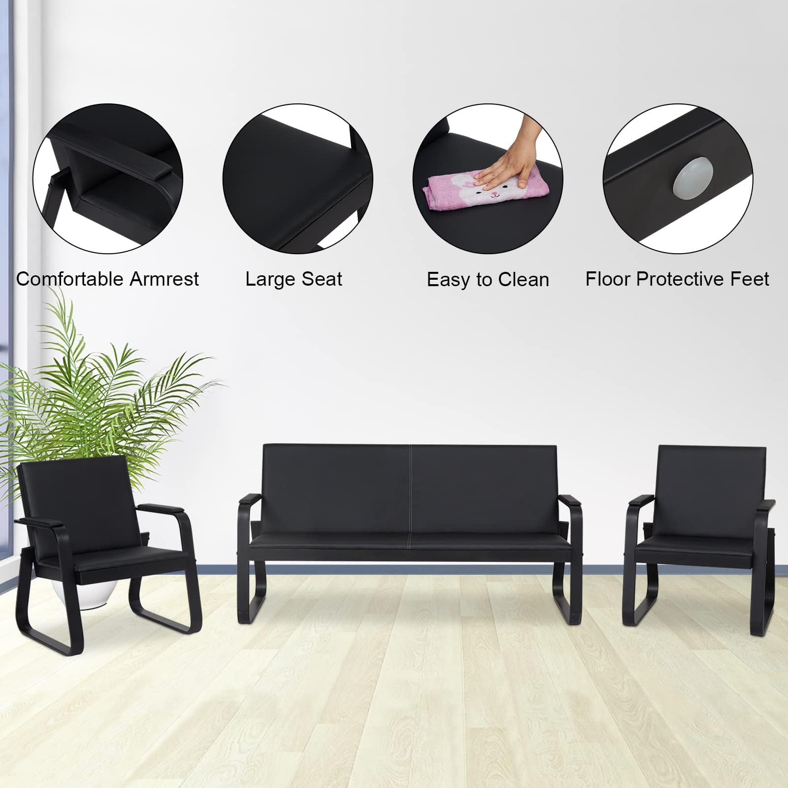 Kinsuite 5-Seat PU Leather Waiting Room Chairs - Modern Reception Guest Chairs for Office, Lobby, Airport, Barber Shop & Clinic - Durable Bench Seating with Comfortable Cushions