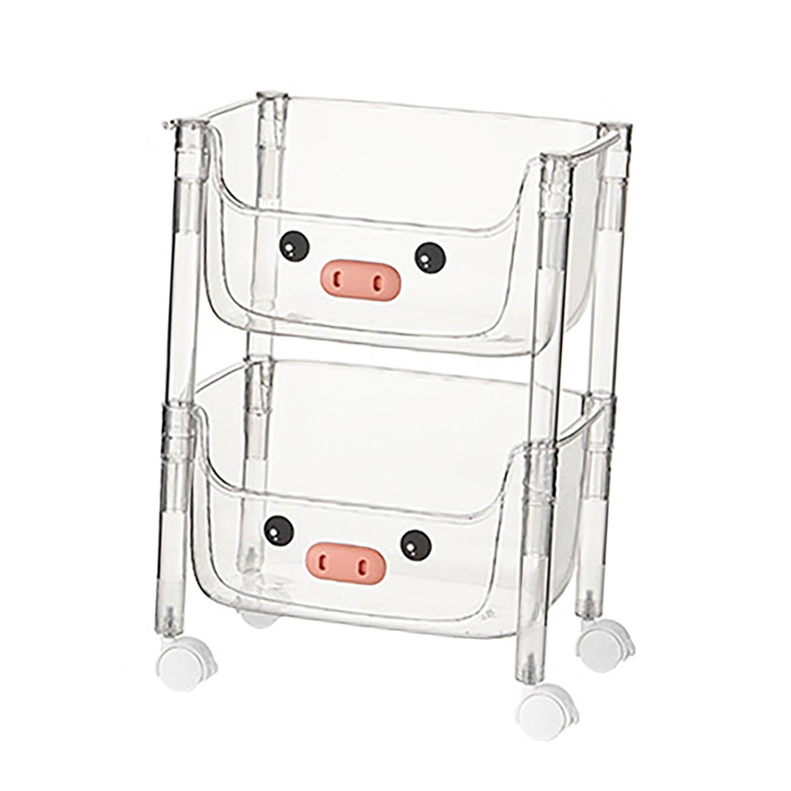 Sturdy 2-Tier Plastic Rolling Cart with Pig Nose Design - Kids Toy Storage Organizer & Snack Caddy for Playroom, Bedroom, or Kitchen Organization