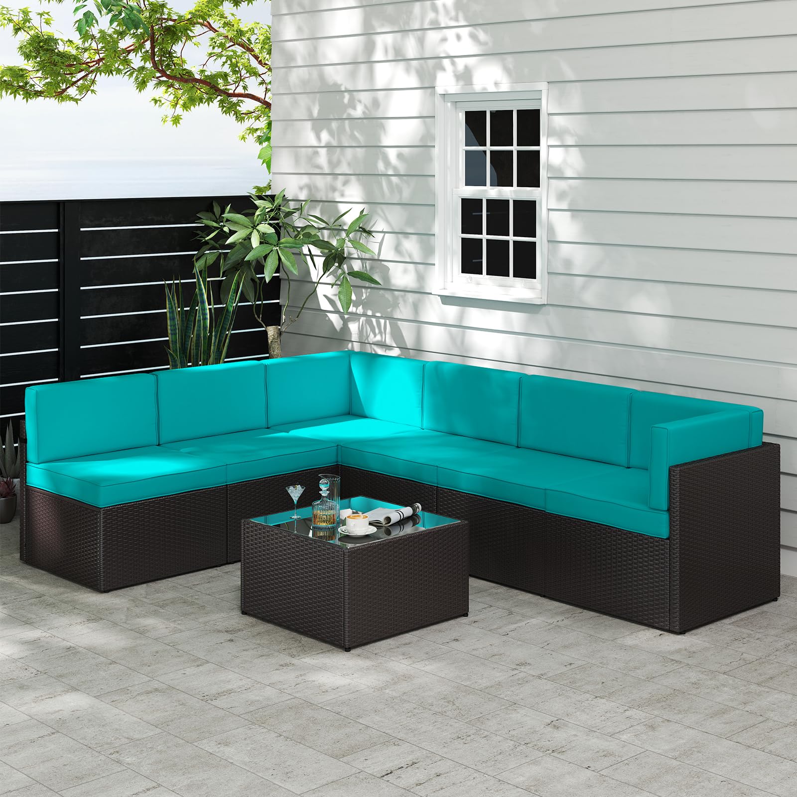 **Kinfant 7-Piece Outdoor Patio Furniture Set - Rattan Sectional Sofa with Coffee Table & Washable Cushions - Blue Wicker Conversation Set for Porch, Poolside, Backyard & Garden Relaxation**