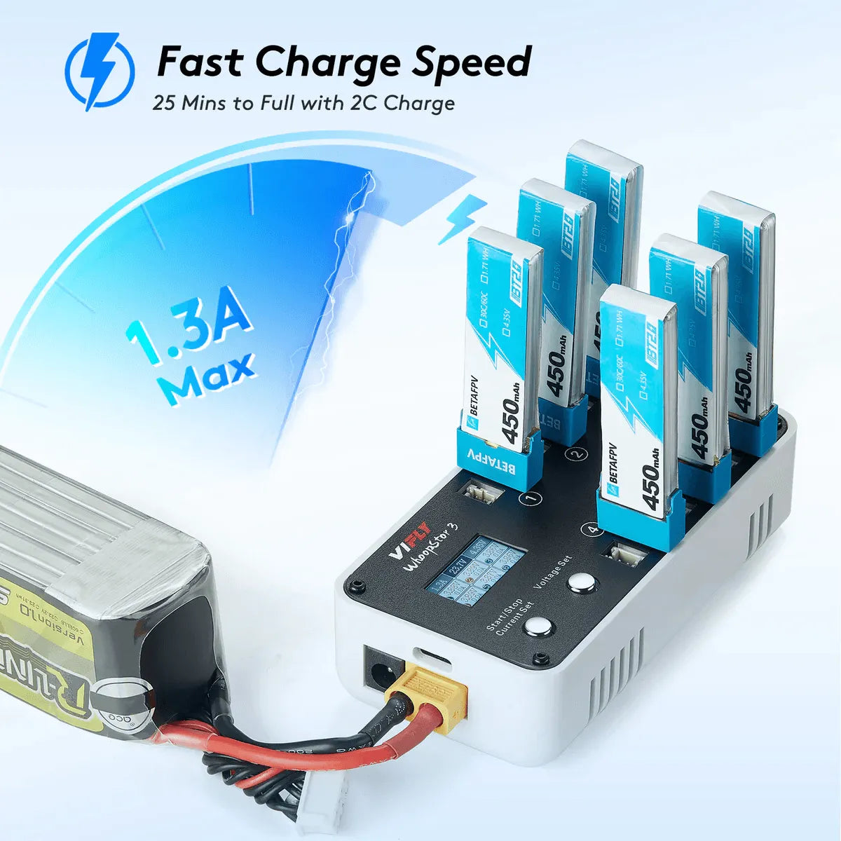 VIFLY WhoopStor 3 1S LiPo/LiHV 6-Channel Battery Storage Charger - Compatible with BT2.0 & PH2.0 Connectors | Fast USB-C Charging for Drone & RC Batteries | Perfect for FPV Racing and DIY Projects