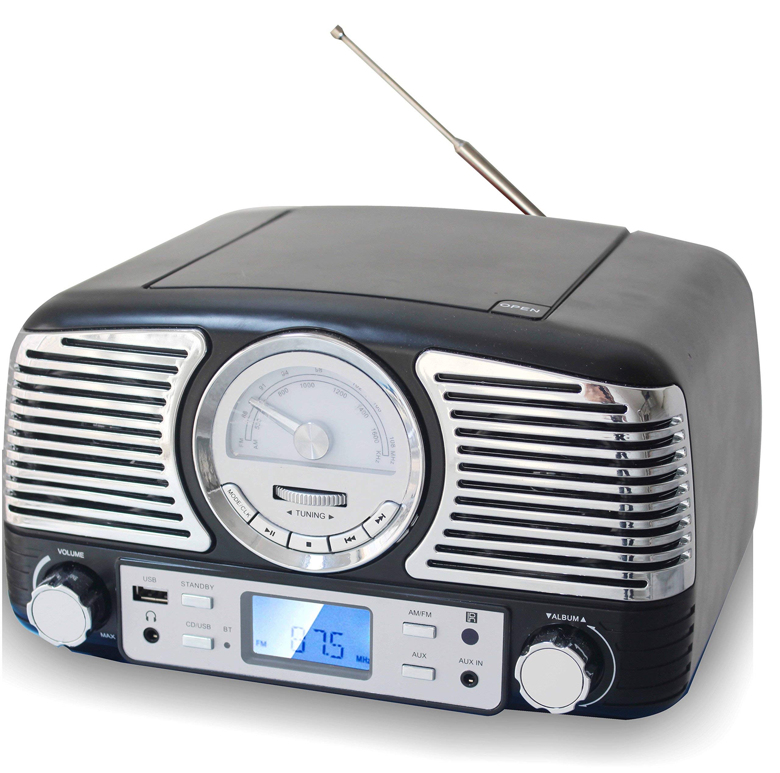 TechPlay QT62BT Retro Bluetooth Stereo CD Player with AM/FM Radio, USB Port, AUX Input & Headphone Jack - Compact Design for Home, Office & Vintage Music Lovers (Black)