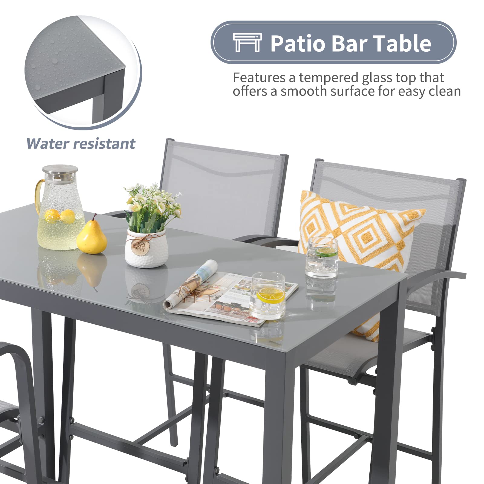 OC Orange-Casual Outdoor Bar Table - All-Weather Aluminum Rectangular Pub Height Dining Table with Tempered Glass Top - Dark Grey Patio Bar Table for Porch, Garden, Balcony & Indoor Use - Perfect for Outdoor Entertaining, BBQs & Relaxing in Your Backyard