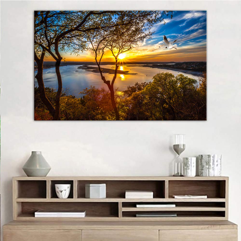 AMEMNY Sunrise and Birds Flying On The Lake Canvas Wall Art - Ready to Hang Home & Office Decor for Living Room, Bedroom, or Workspace