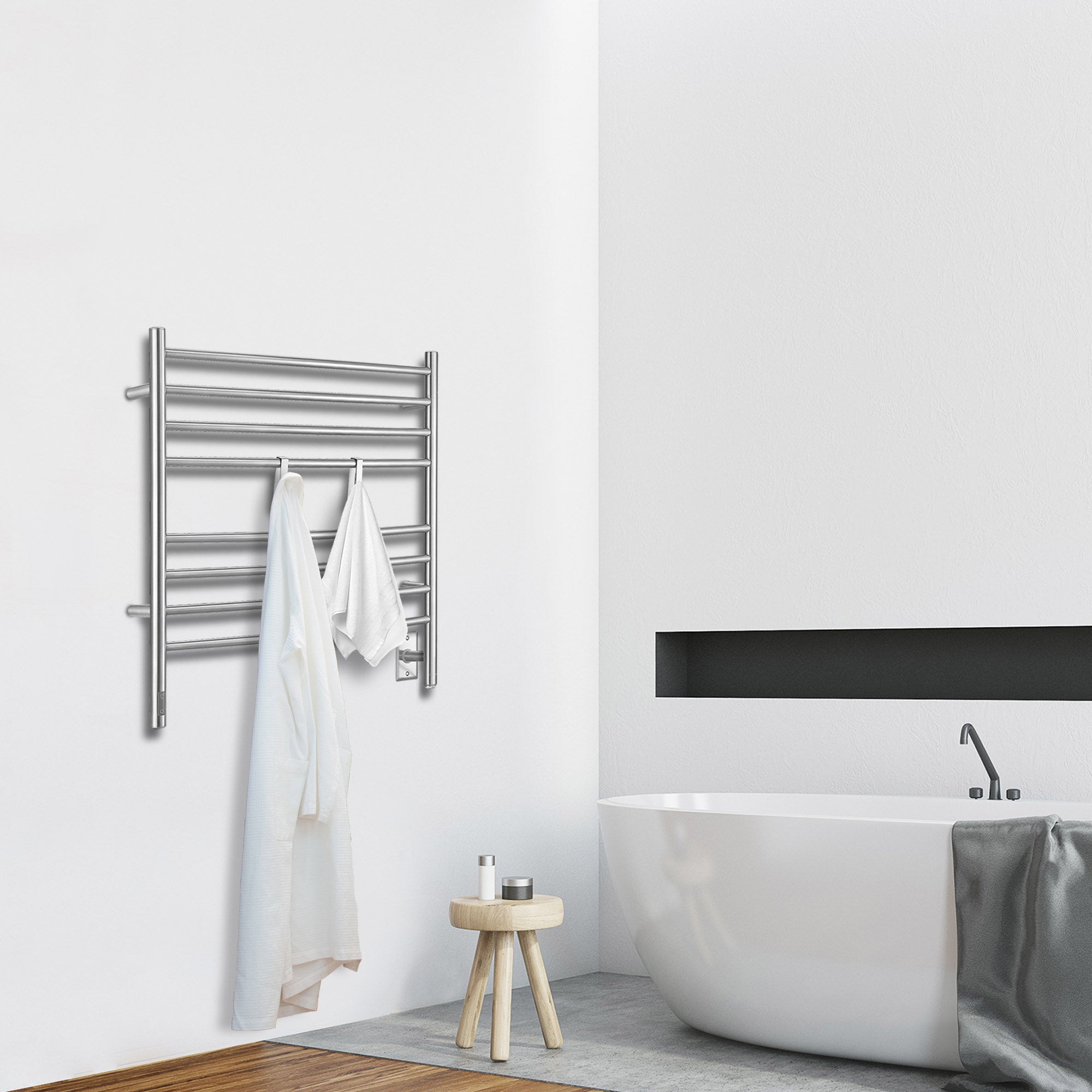 Arezzo OBT 8 Bar Hardwired & Plug-in Stainless Steel Towel Warmer with 2 Adjustable Hooks & Built-in Timer - Perfect for Bathrooms, Spas & Luxury Homes