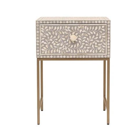 Handmade Bone Inlay Floral Design Grey Nightstand - Vintage Bedside Table with Intricate Carvings for Bedroom Decor, Living Room Accent Furniture