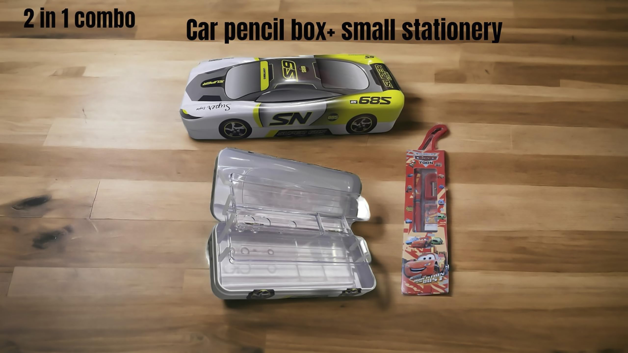 2 in 1 Metal Pen Pencil Box with Stationery Organizer - Car Design School Supplies for Boys & Girls (Grey, Yellow+White) | Multiple Compartment Storage for Kids' Backpacks, Desks & Birthday Gifts