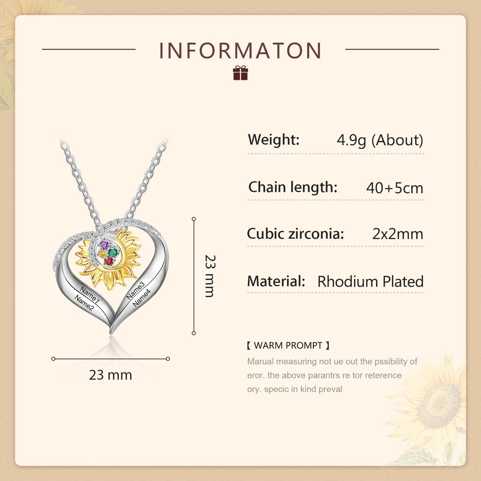 Personalized Sunflower Heart Necklace for Women - Custom Name & Birthstone Jewelry - Mother's Day Gift for Mom, Wife, Grandmother - Perfect for Birthdays, Anniversaries & Special Occasions