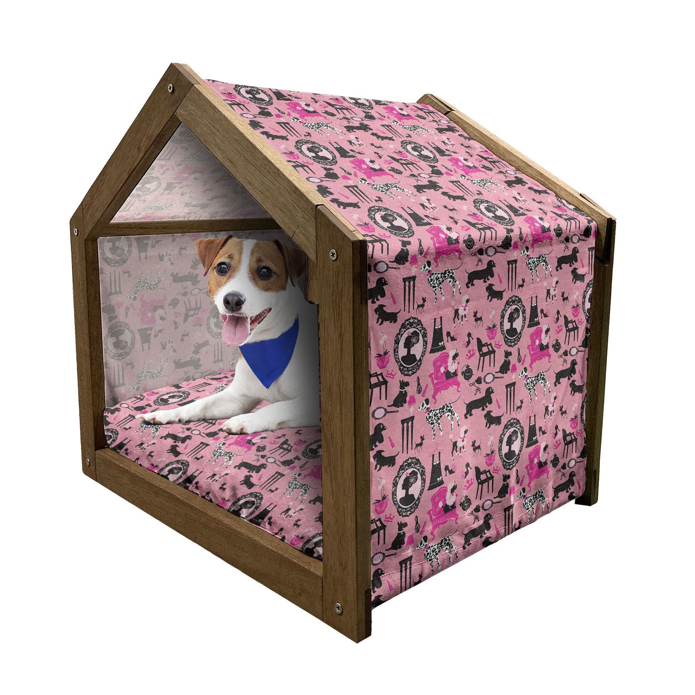 Lunarable Feminine Wooden Pet House - Girly Pattern Glamorous Dog Kennel with Pillow & Cover for Small Dogs, Indoor/Outdoor Portable Dog Bed in Pastel Pink & Hot Pink | Perfect for Home Decor, Backyard & Travel Use