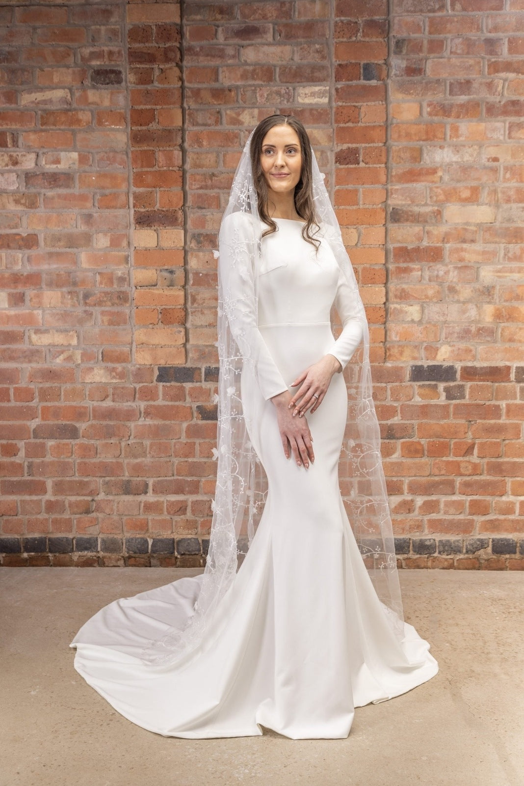 Elegant Chapel Length Wedding Veil with Floral Vines & Petals - Perfect Bridal PBV9076 | Bridal Accessory for Church Ceremony & Romantic Photoshoots
