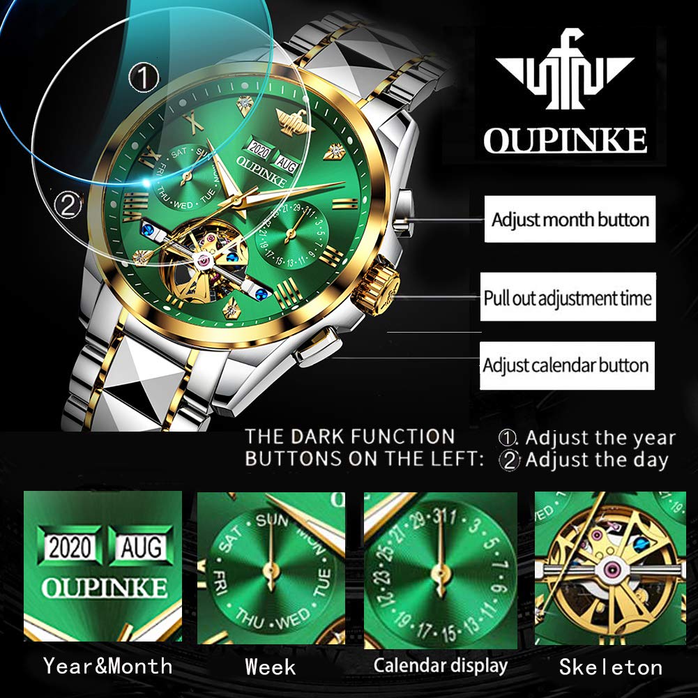 OUPINKE Men's Automatic Skeleton Watch - Self-Winding Mechanical Watch with Sapphire Crystal, 50M Waterproof & Tungsten Steel Case - Perfect for Business, Formal Events & Everyday Wear