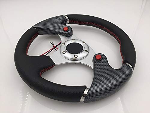 Universal 6-Bolt 320mm Black PVC Leather Steering Wheel with Red Stitching & Carbon Fiber Style - Compatible with Racing & Custom Cars - Includes NOS Nitrous Button & Blank Horn for Enhanced Performance & Style