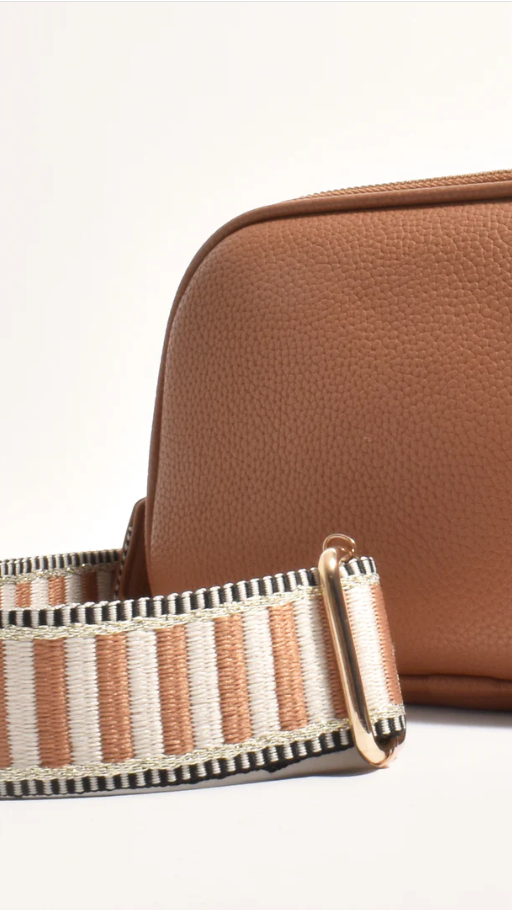 Bella Striped Webbing Camera Bag Tan - Stylish DSLR/SLR Camera Case for Travel & Photography Enthusiasts