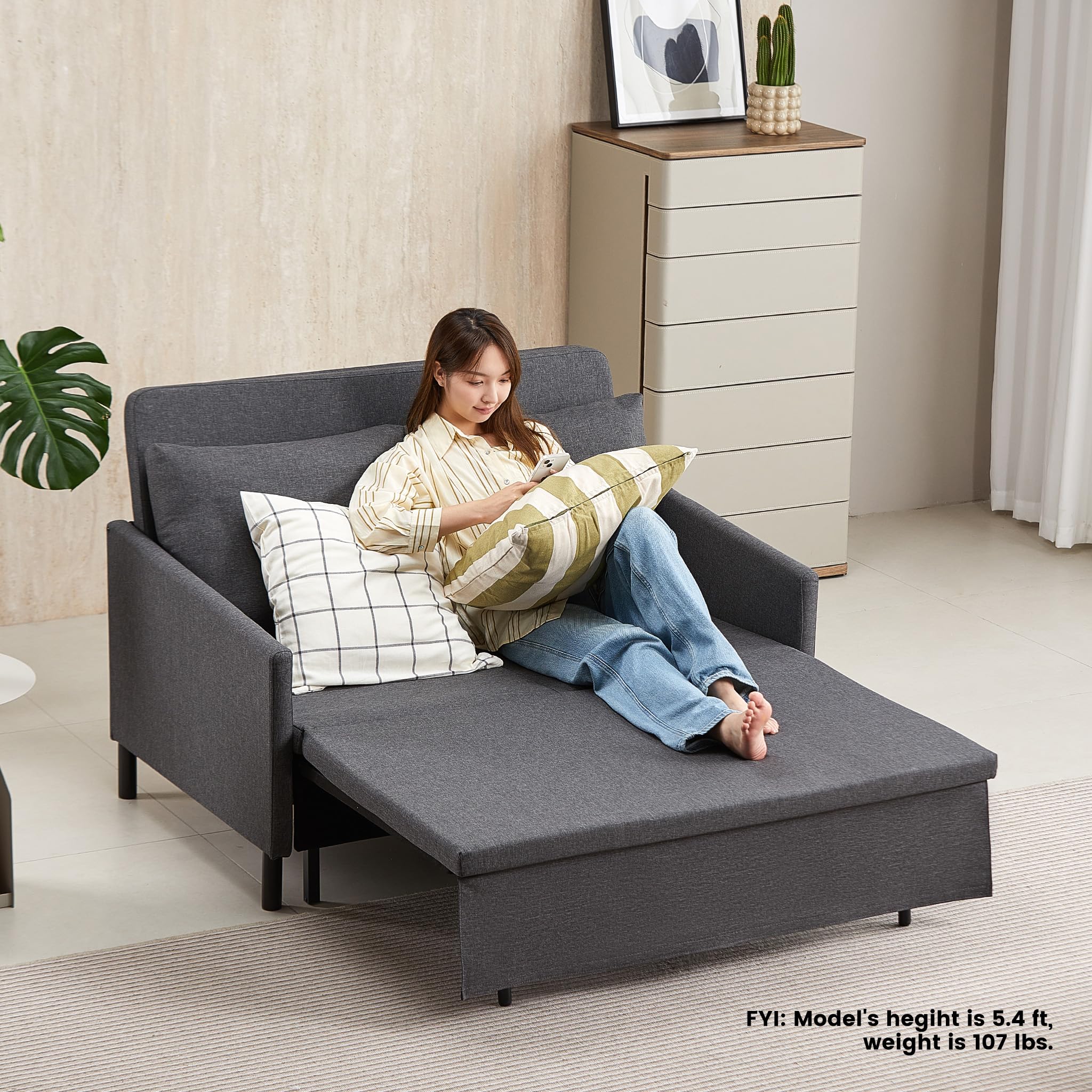 XSPRACER 3-in-1 Convertible Sleeper Sofa Bed with Pullout & Storage - Modern Loveseat Couch for Living Room, RV, Bedroom, Balcony - Dark Gray Linen Fabric - Perfect for Small Spaces, Guest Rooms & Studio Apartments
