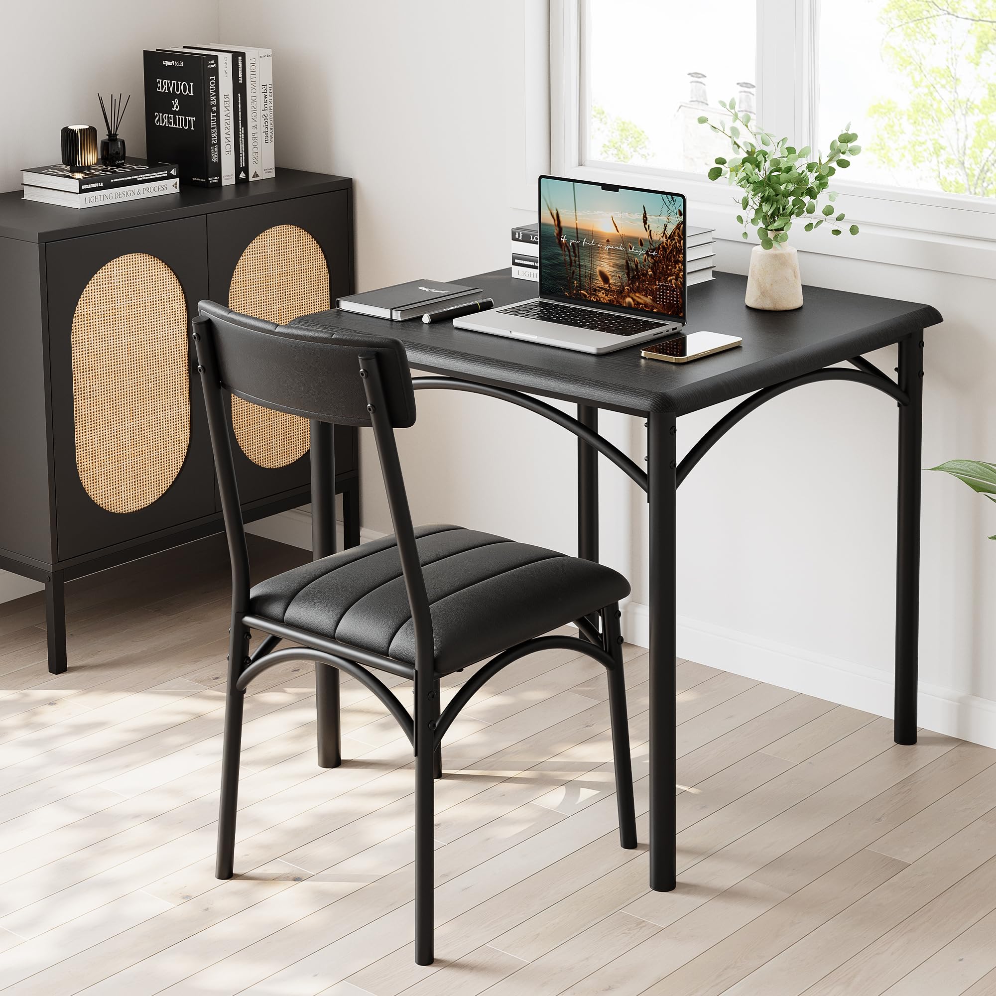 GAOMON 2-Person Dining Table Set with Upholstered Chairs - Small Square Kitchen Table for Apartments & Studios - Rustic Black Finish - Perfect for Breakfast Nooks, Tiny Homes & Compact Dining Spaces