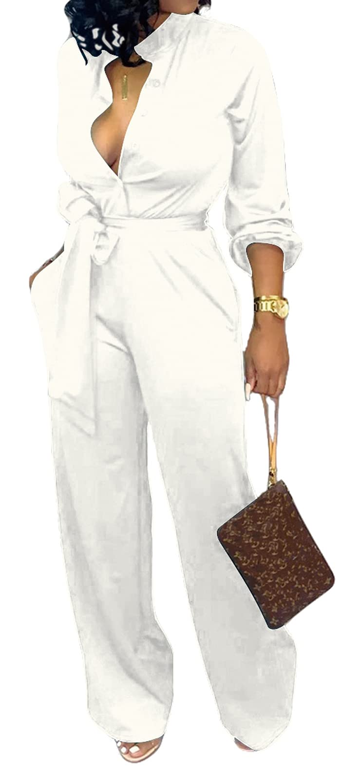 Elegant Women's V-Neck Long Sleeve Jumpsuit with Wide Leg Pants, Belt & Pockets - Sexy Casual Work Outfit for Office, Date Night & Special Occasions
