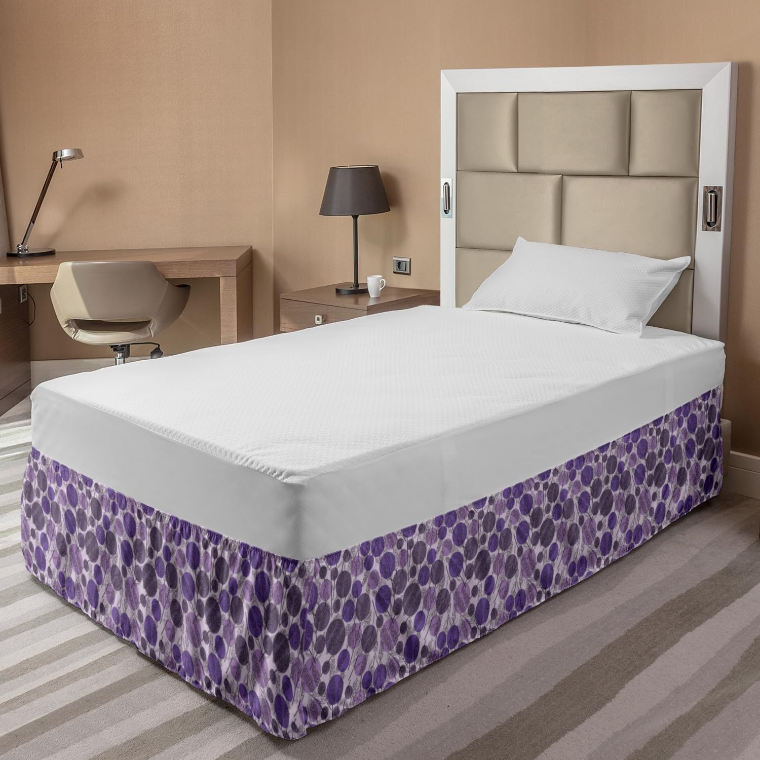 Ambesonne Floral Elastic Bed Skirt - Twin/Twin XL Size, Mauve Blue Violet Wrap Around Dust Ruffle with Lavender Branches Design | Perfect for Bedroom Decor & Guest Room Styling