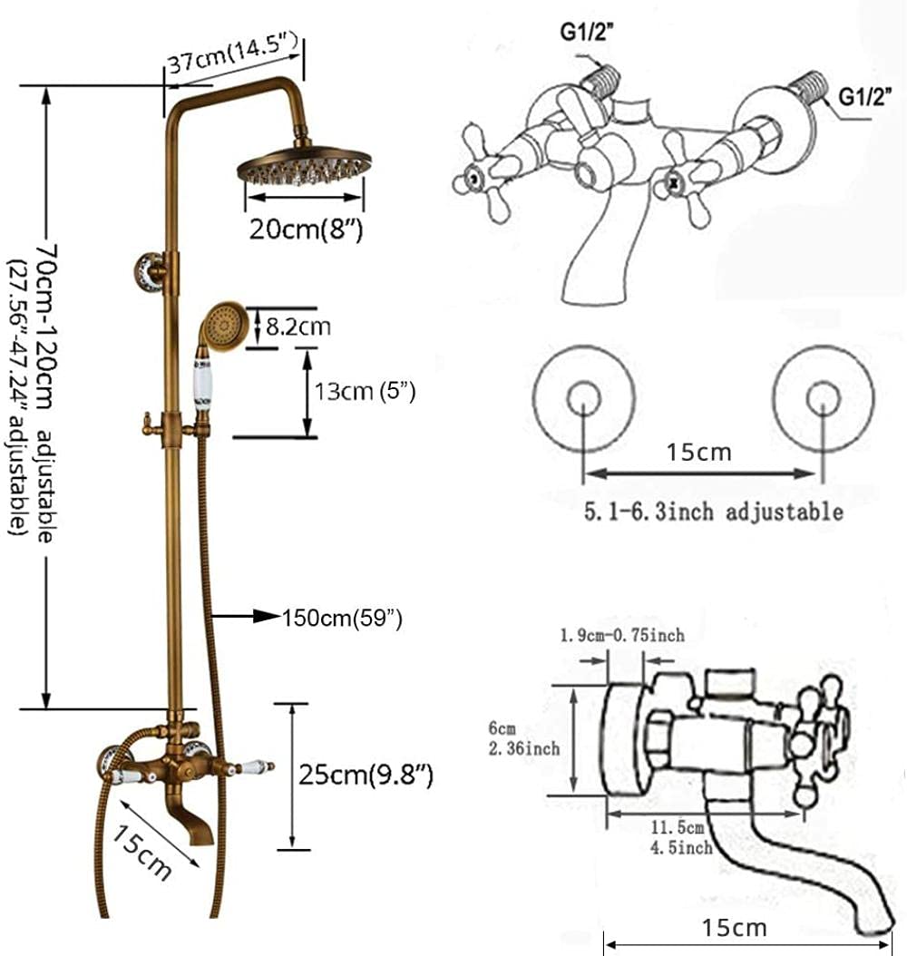 Antique Brass Shower Tap System - 8 Inch Rainfall Shower Head with Ceramic Hand Shower & Tub Spout, Wall Mounted Bathroom Fixture Set with Double Ceramic Handles | Perfect for Modern & Vintage Bathroom Renovations