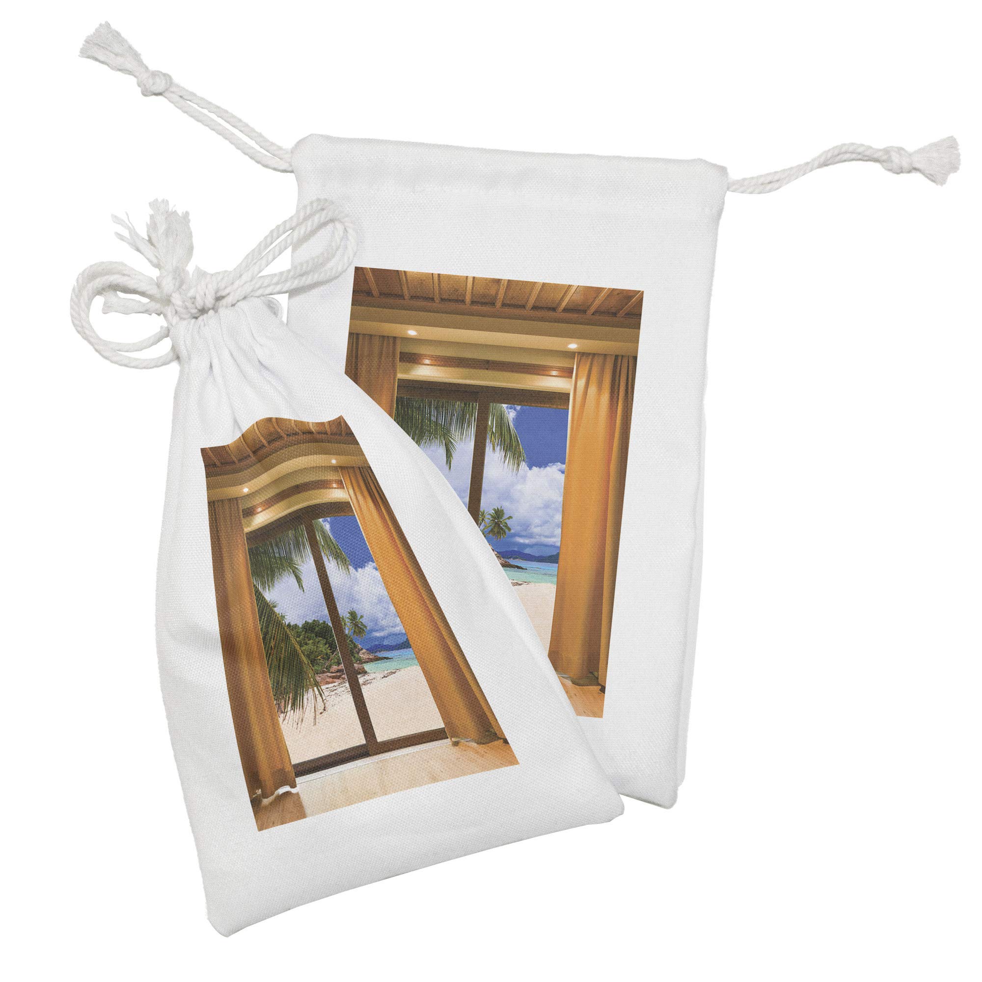 Ambesonne 2-Pack Beach Fabric Drawstring Pouch - Tropical Ocean View Window Design, 9