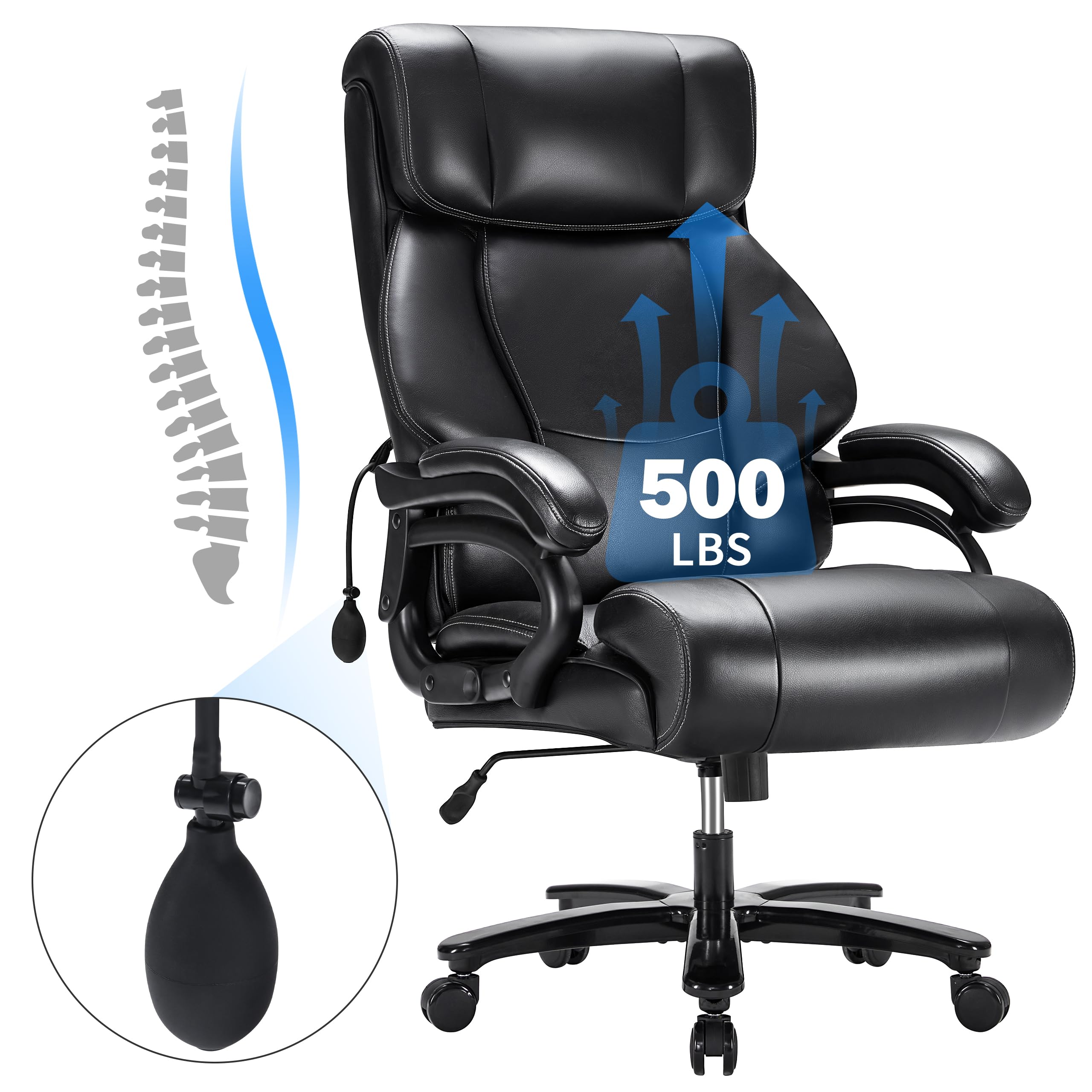 Heavy Duty Big and Tall Office Chair 500LBS Weight Capacity - Ergonomic Executive Chair for Back Pain Relief - Breathable Leather Seat for Long Hours Sitting - Dark Black - Perfect for Home Office, Gaming, and Workspace Comfort