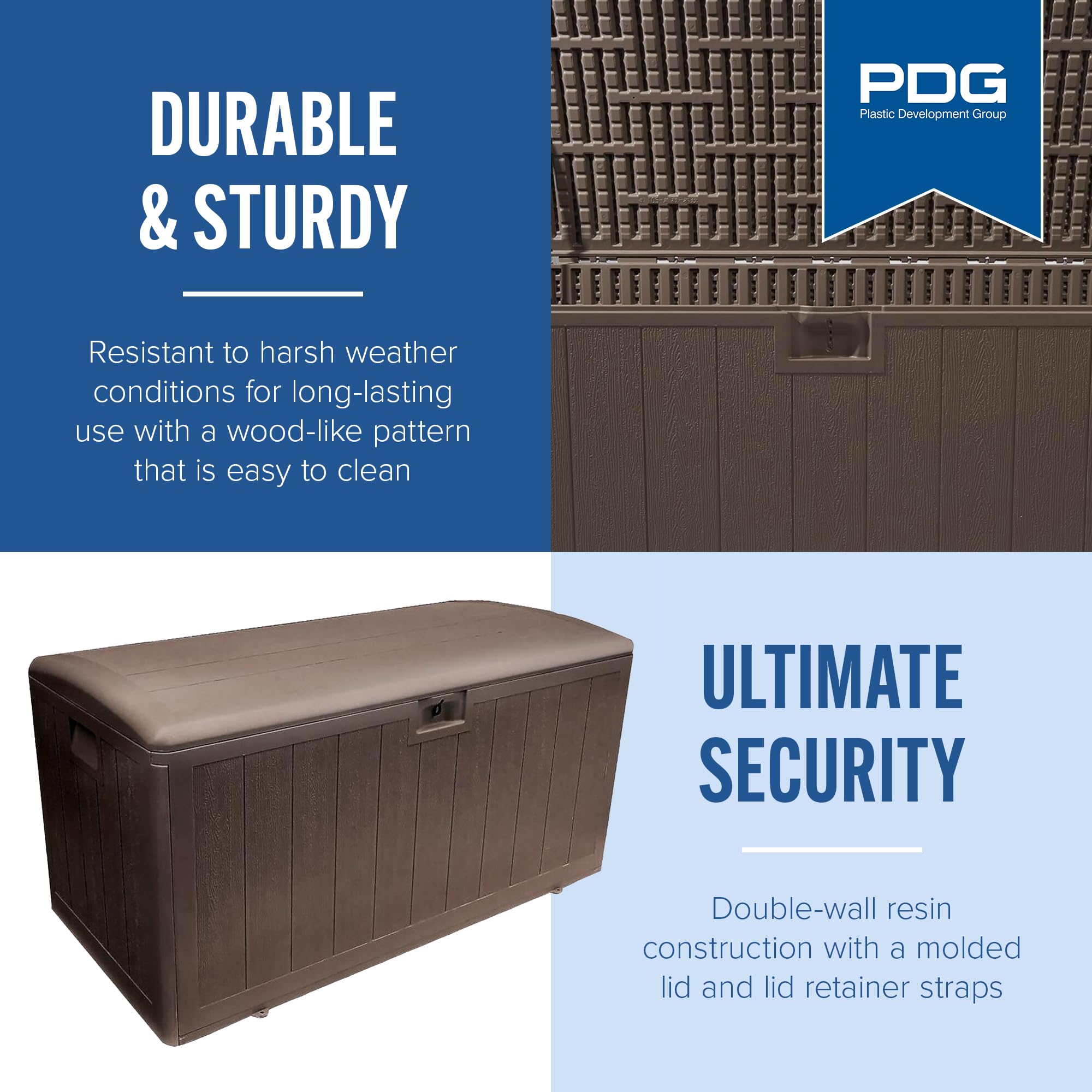 Plastic Development Group 105 Gallon Outdoor Storage Deck Box with Soft Closure - Java Brown - Perfect for Patio, Garden, and Backyard Organization