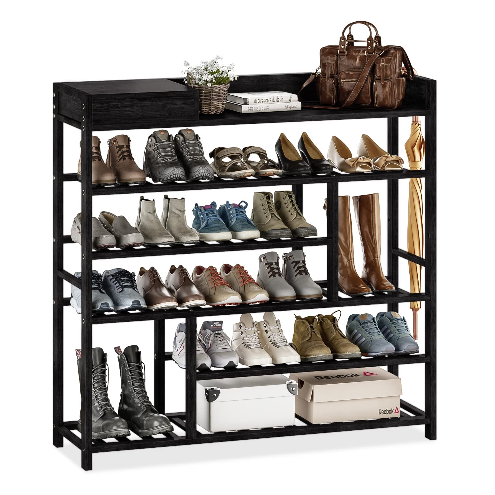 Bamworld Bamboo Shoe Rack Organizer with Storage Box - Space Saving Entryway Shoe Storage for Hallway, Closet & Mudroom Organization (Black)