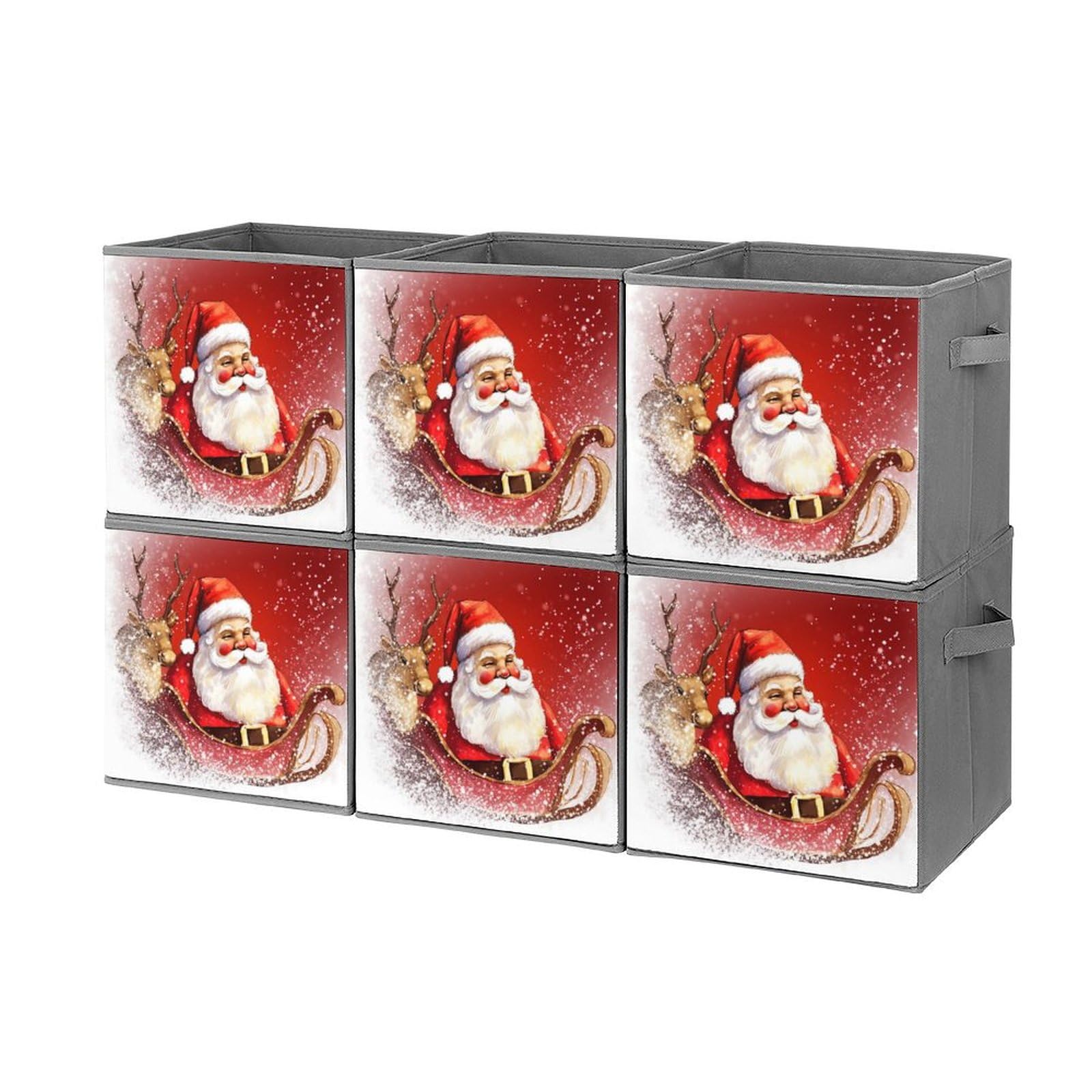 6-Piece Collapsible Christmas Santa Claus Printed Storage Bins with Handles - Foldable Organizing Baskets for Shelves, Closet & Home Organization | Holiday Decor Storage, Toy Organizer, Household Essentials
