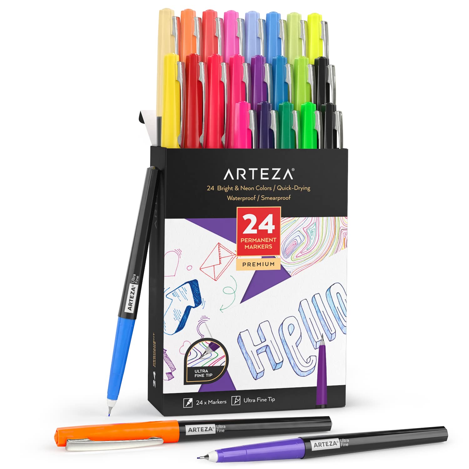 ARTEZA Permanent Markers Set of 24 Colors - 2mm Ultra Fine Tip Markers for Artists, Students & Professionals - Perfect for Sketching, Bullet Journaling & Calligraphy