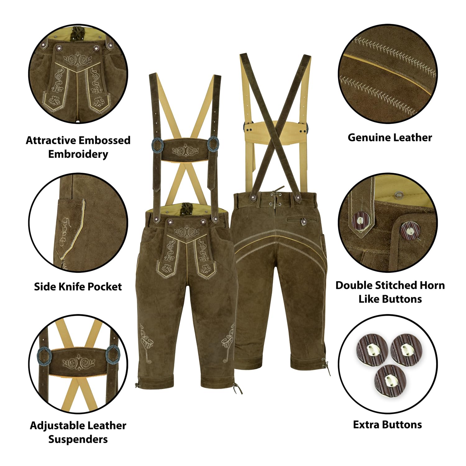 Authentic German Bavarian Lederhosen for Men - Genuine Leather Shorts Oktoberfest Costume | Perfect for Oktoberfest, Beer Festivals, and Traditional Bavarian Events