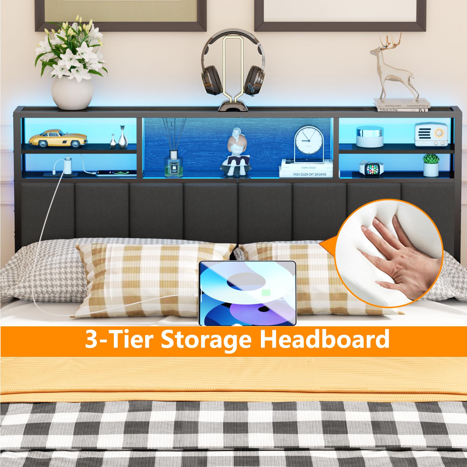 Furnulem Queen Size Bed Headboard with Storage Shelves, USB Ports & Outlets, LED Lighting - Adjustable Height, Sturdy Design with Charging Station - Perfect for Bedroom Organization & Modern Home Decor