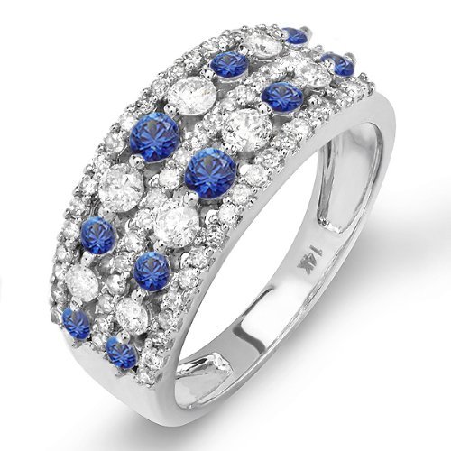 Dazzlingrock Collection 14K Solid White Gold Round Blue Sapphire & White Diamond Women's Anniversary Wedding Band Ring - Perfect for Engagement, Proposal, Anniversary & Special Occasions