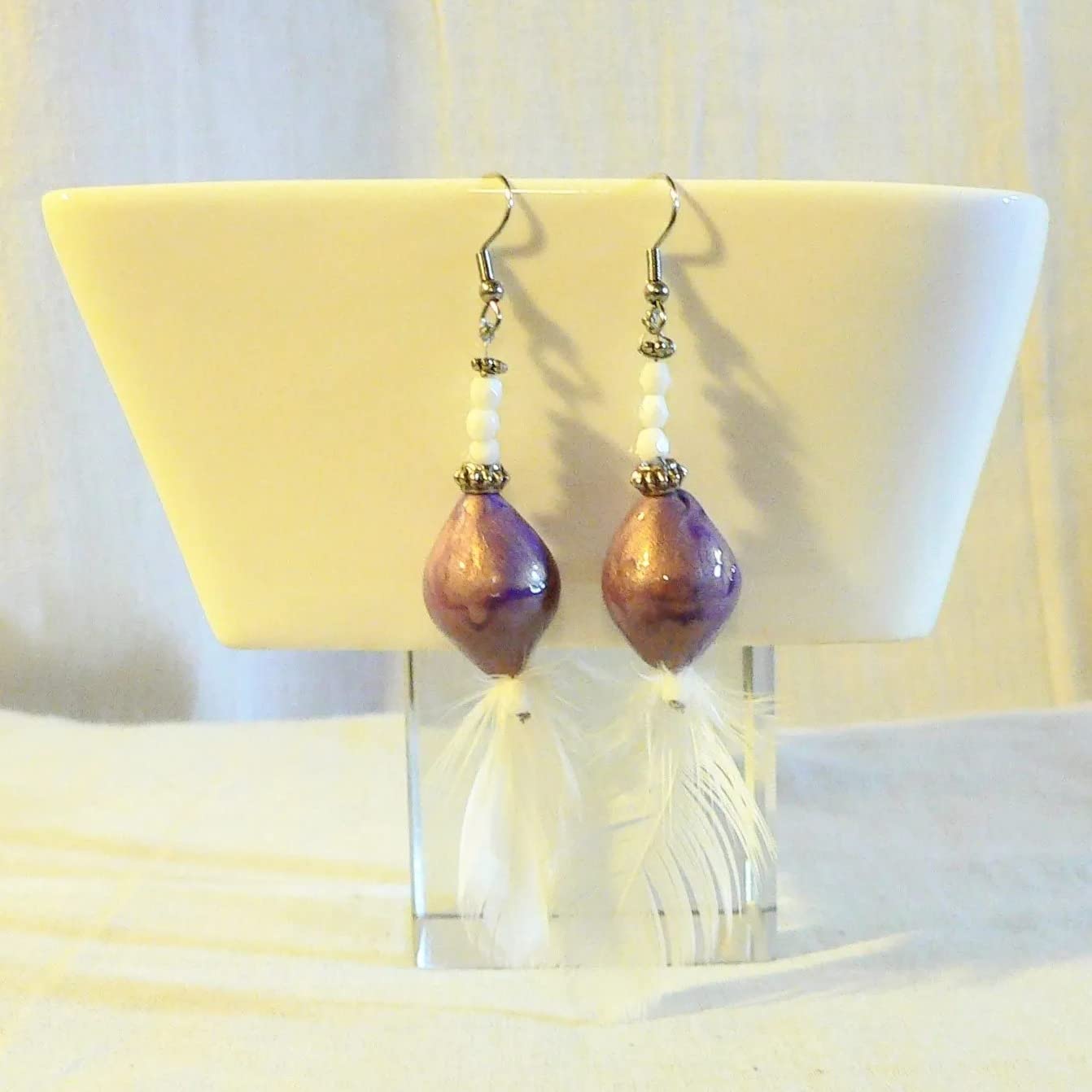 Elegant Ceramic & Feather Earrings for Women - White & Purple Dangle Earrings | Boho Chic Jewelry for Parties, Weddings & Everyday Wear