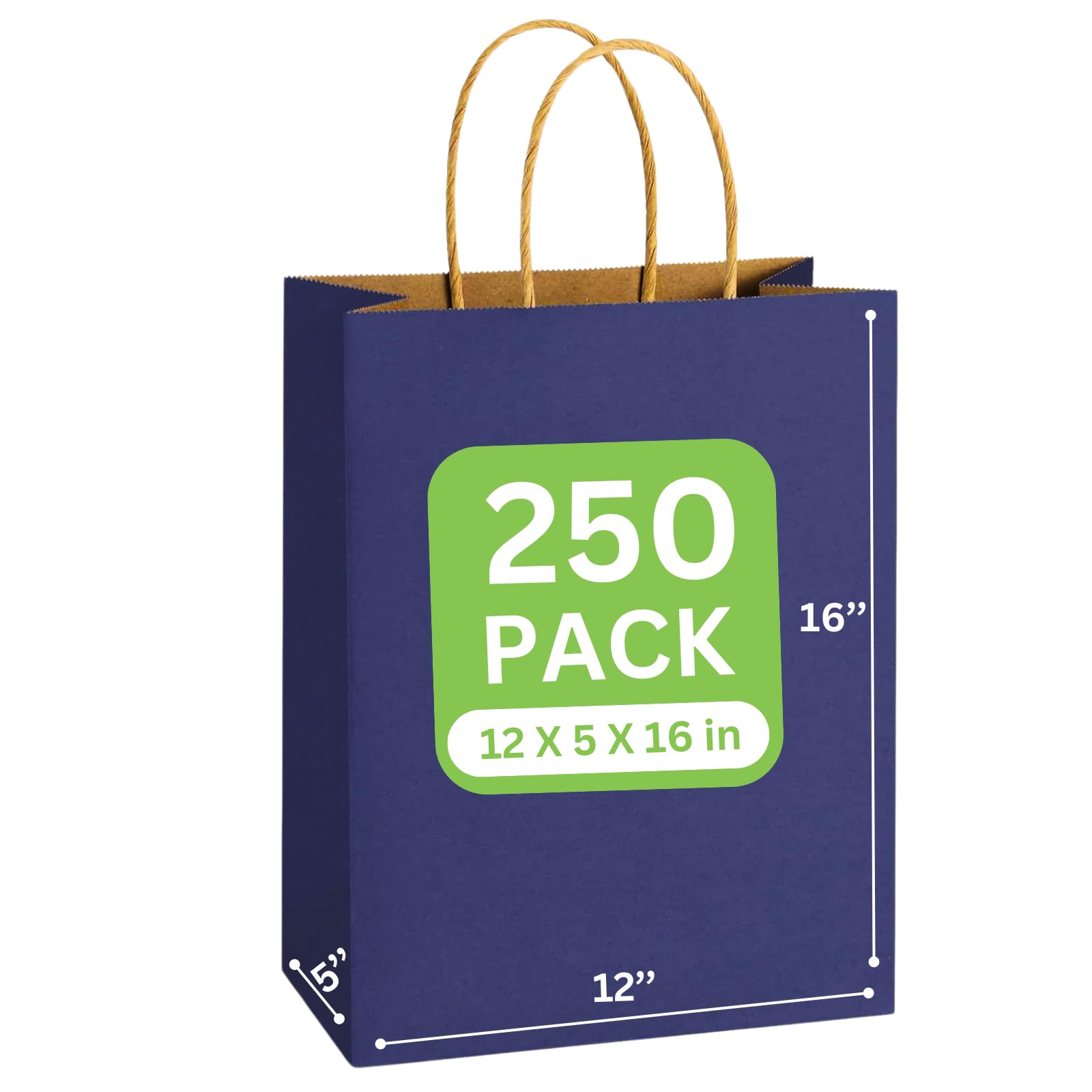 JET PAPER BAGS - 12x5x16 Inch [250 Pcs] Large Kraft Gift Bags with Handles Bulk - Navy Blue Prime Kraft Paper Bags for Gifts, Retail, Parties, Weddings, Grocery & Goody Bags - Perfect for Birthday Presents, Holiday Gifting & Store Packaging