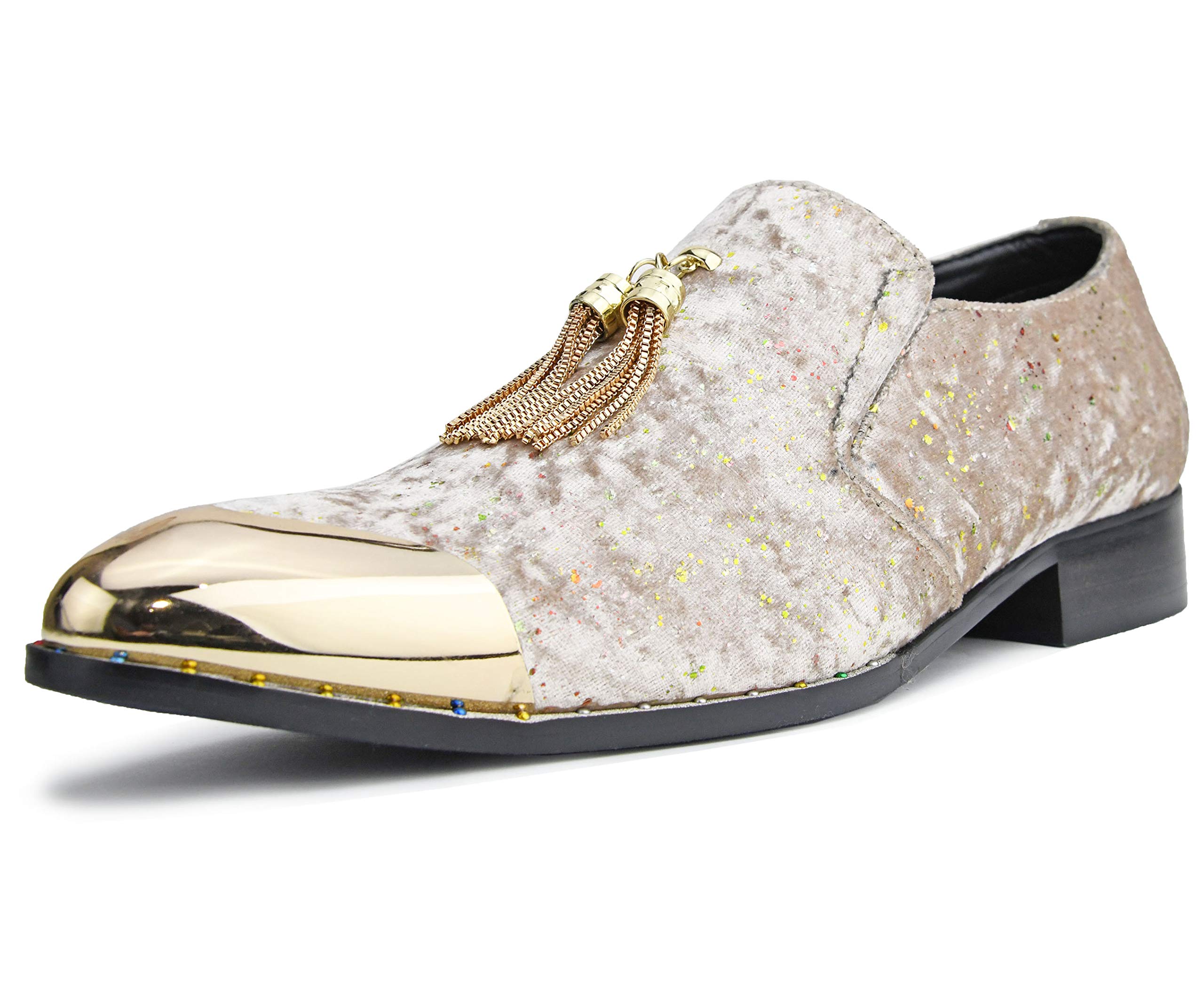 Amali Chaz Men's Velvet Loafers with Gold Chain Tassel & Metal Tip - Formal Slip-On Dress Shoes for Weddings & Parties - Comfortable Casual Slippers for Home & Office