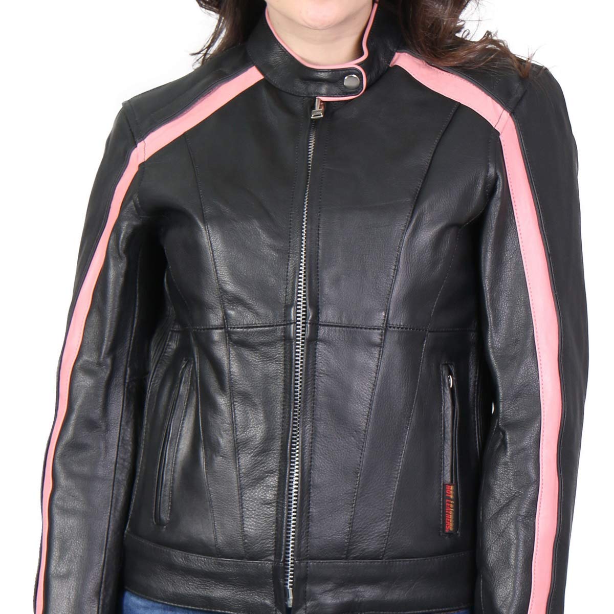 Hot Leathers Women's Striped Leather Jacket with Reflective Piping - Stylish Biker Jacket for Motorcycle Riding & Night Safety | Perfect for Casual Outfits & Urban Fashion